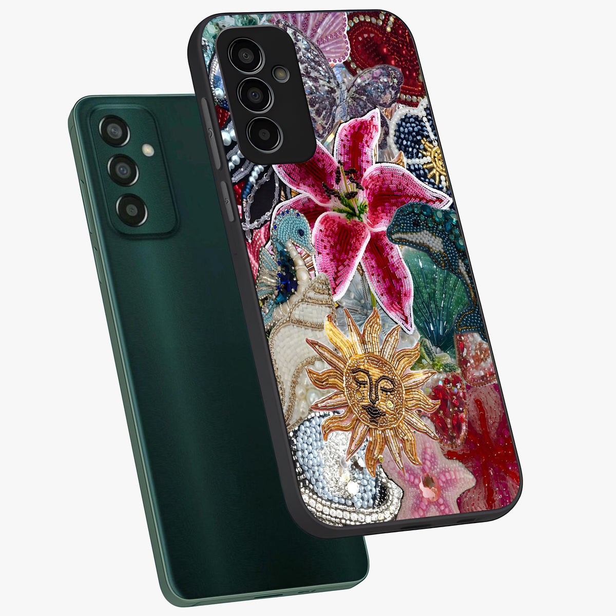 Beaded Garden Fantasy Glass Case displayed in angled mockup highlighting fantasy inspired floral bead pattern.