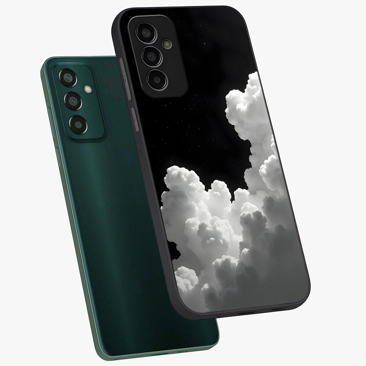 Black Background With White Cloud Glass Case displayed in angled mockup highlighting soft white cloud illustration and minimal design.