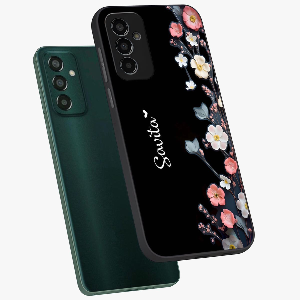 Black Elegance Floral Custom Name Glass Case displayed in angled mockup highlighting dark floral aesthetic and custom name feature.