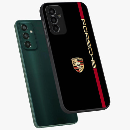 Black Minimal Porsche Glass Case displayed in angled mockup highlighting modern minimal car illustration and clean aesthetic design.