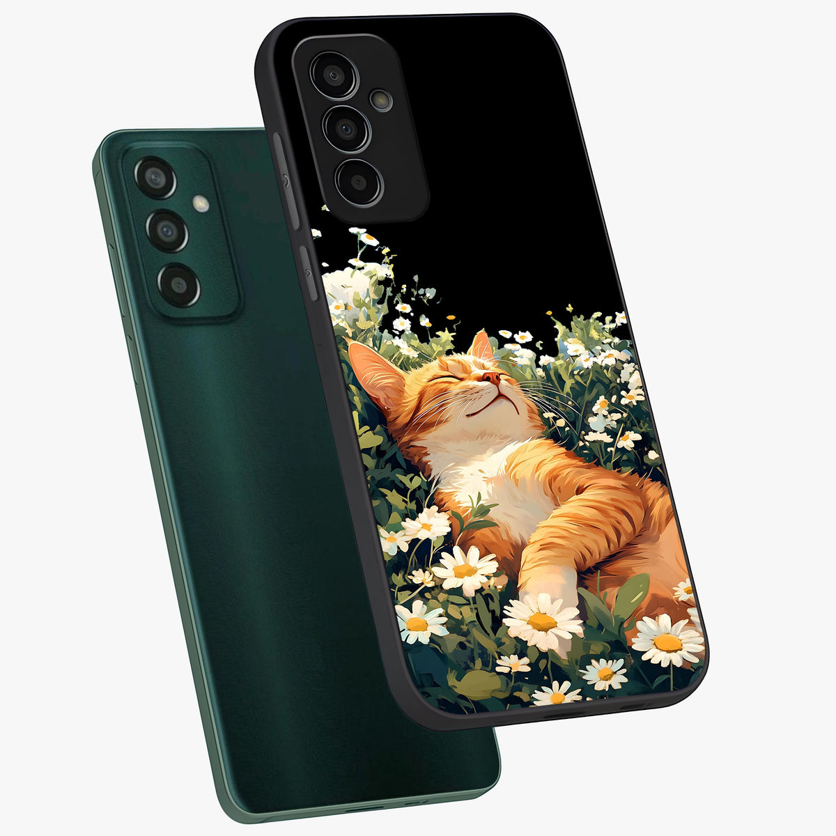 Blissful Bloom Cat Glass Case displayed in angled mockup highlighting playful feline illustration with soft floral aesthetic.