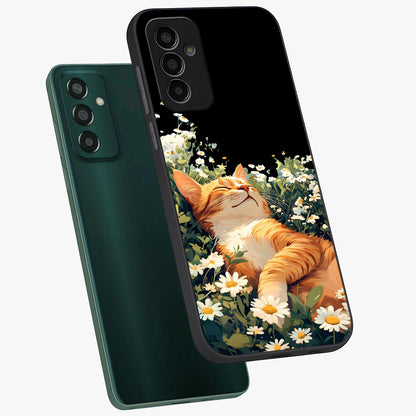 Blissful Bloom Cat Glass Case displayed in angled mockup highlighting playful feline illustration with soft floral aesthetic.