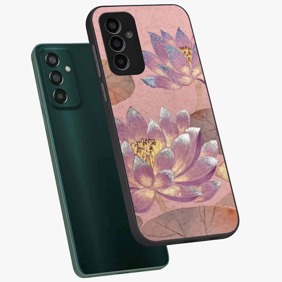Blossom Mist Lotus Glass Case displayed in angled mockup highlighting delicate lotus illustration with calm aesthetic theme.