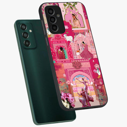 Blossoms of Rajasthan Glass Case displayed in angled mockup highlighting vibrant floral pattern with cultural aesthetic style.