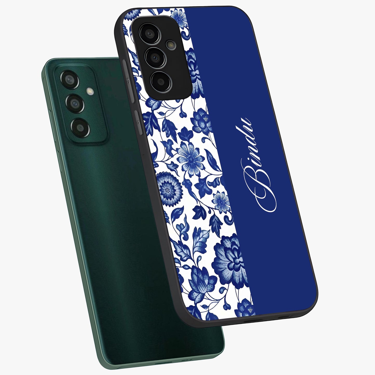 Blue Vintage Floral Pattern Glass Case displayed in angled mockup highlighting subtle bloom pattern with aesthetic pastel design.
