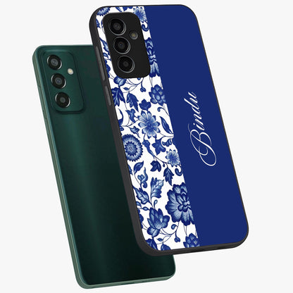 Blue Vintage Floral Pattern Glass Case displayed in angled mockup highlighting subtle bloom pattern with aesthetic pastel design.