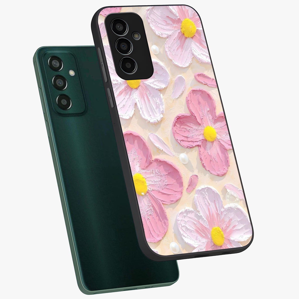 Blush Bloom Texture Glass Case displayed in angled mockup highlighting subtle bloom pattern with aesthetic pastel design.