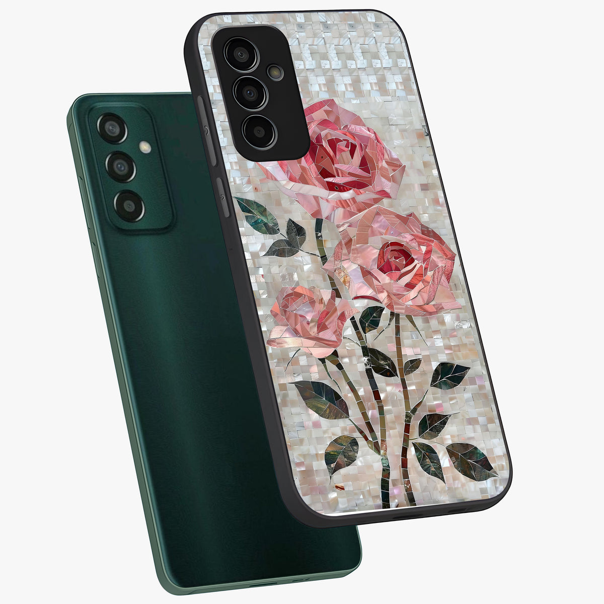 Blush Mosaic Bloom Glass Case displayed in angled mockup highlighting artistic mosaic flower pattern with aesthetic design.