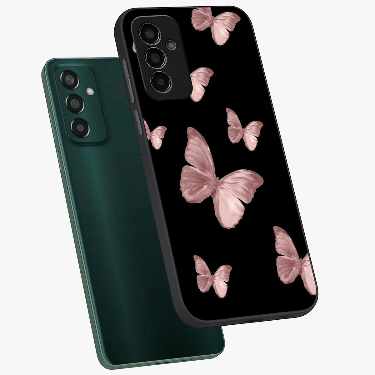 Butterfly Pattern Glass Case displayed in angled mockup highlighting delicate butterfly design and aesthetic pattern style.