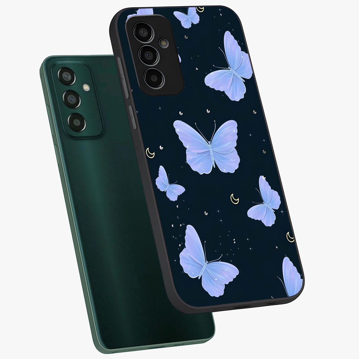 Butterfly With Stars Pattern Glass Case displayed in angled mockup highlighting dreamy butterfly and star design with aesthetic theme.