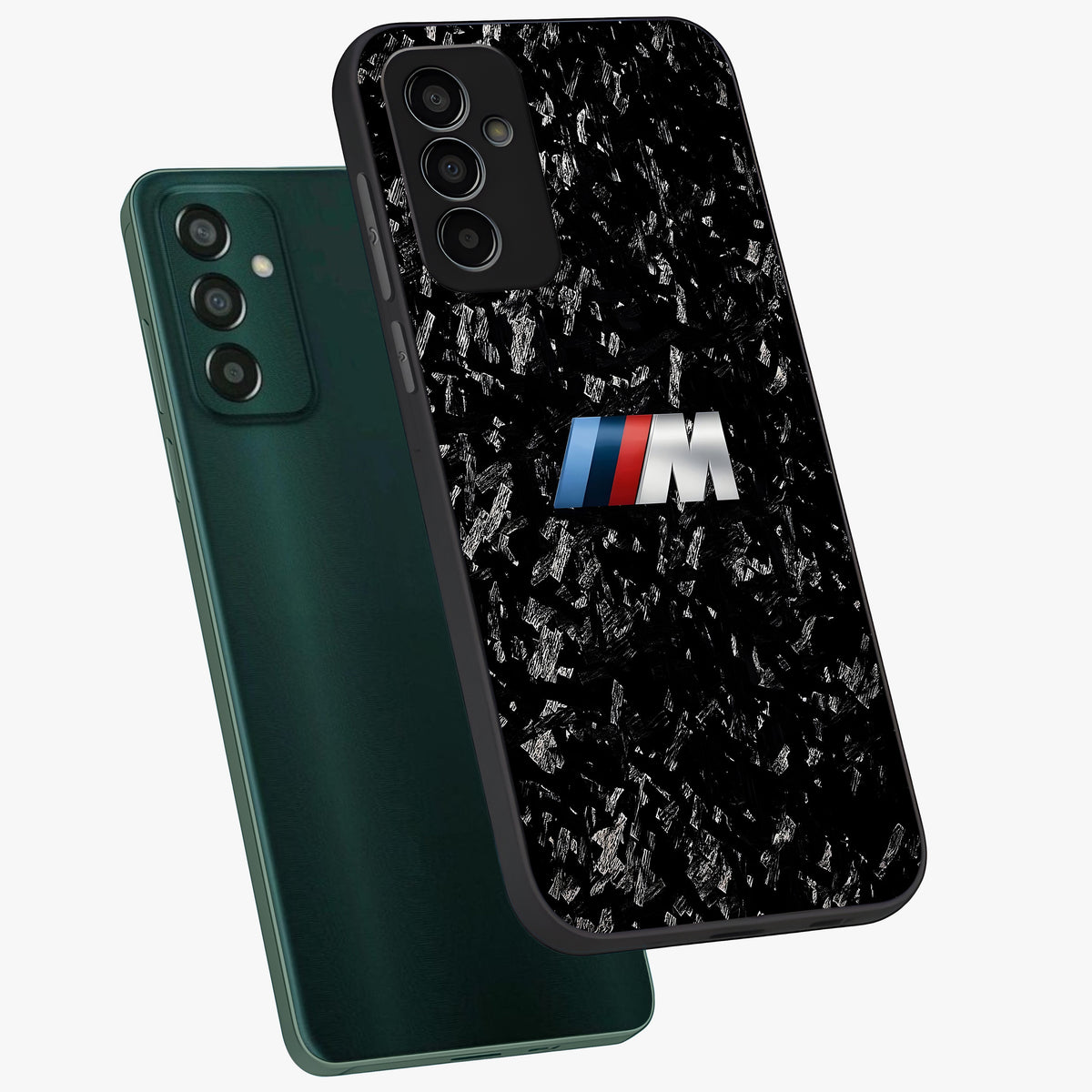 Carbon Speed Mark Glass Case displayed in angled mockup highlighting racing inspired carbon design and sleek aesthetic style.