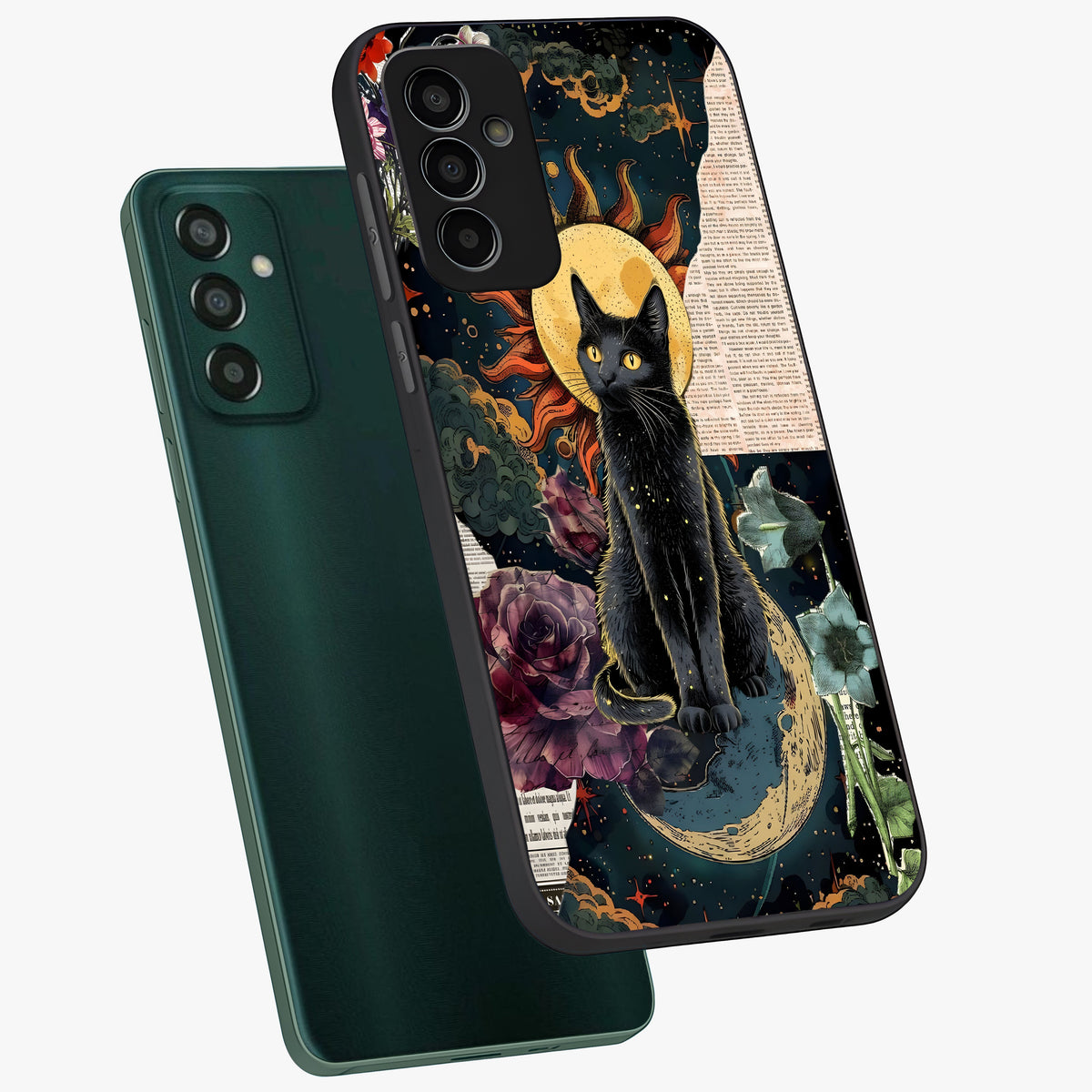 Celestial Black Cat Glass Case displayed in angled mockup highlighting cosmic black cat design with celestial aesthetic.