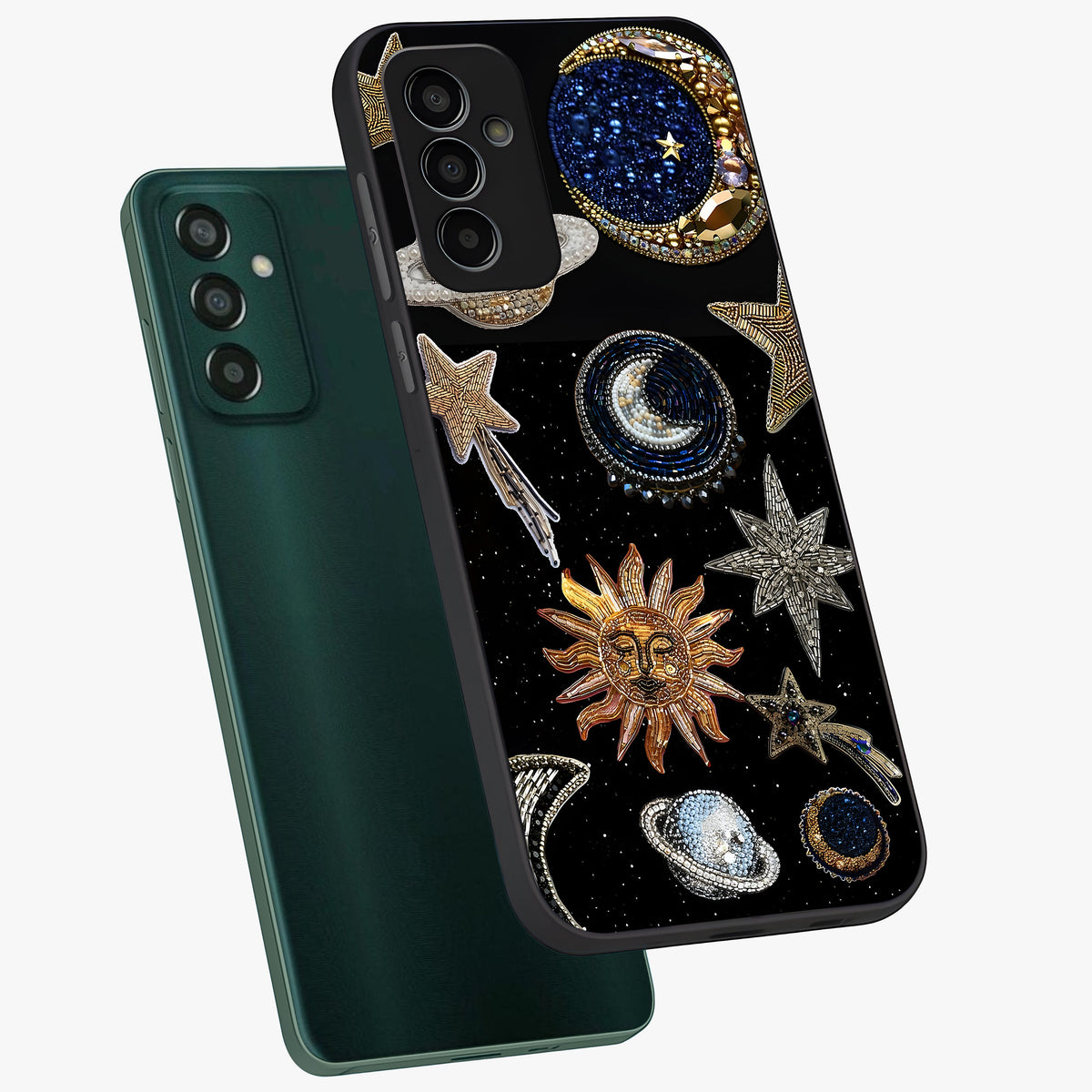 Celestial Gem Constellations Glass Case displayed in angled mockup highlighting gemstone inspired constellation design.