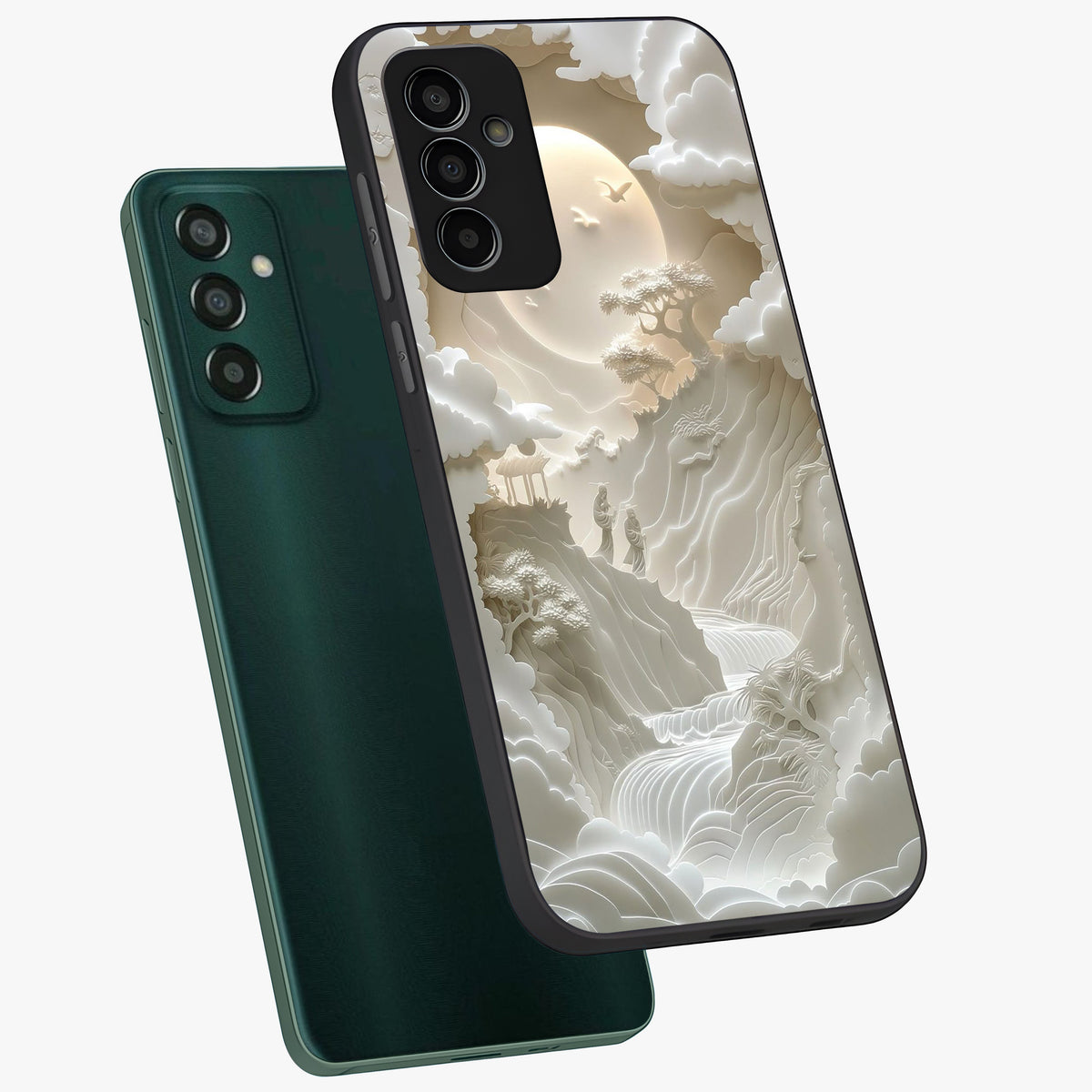 Celestial Origami Glass Case displayed in angled mockup highlighting geometric origami design with cosmic aesthetic theme.
