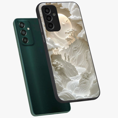 Celestial Origami Glass Case displayed in angled mockup highlighting geometric origami design with cosmic aesthetic theme.