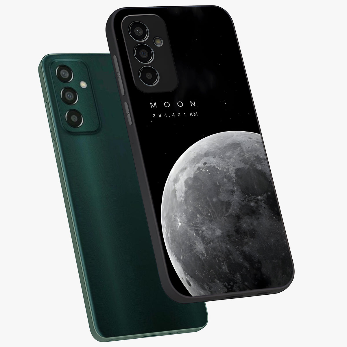 Cosmic Moon Glow Glass Case displayed in angled mockup highlighting celestial moon design with cosmic aesthetic theme.