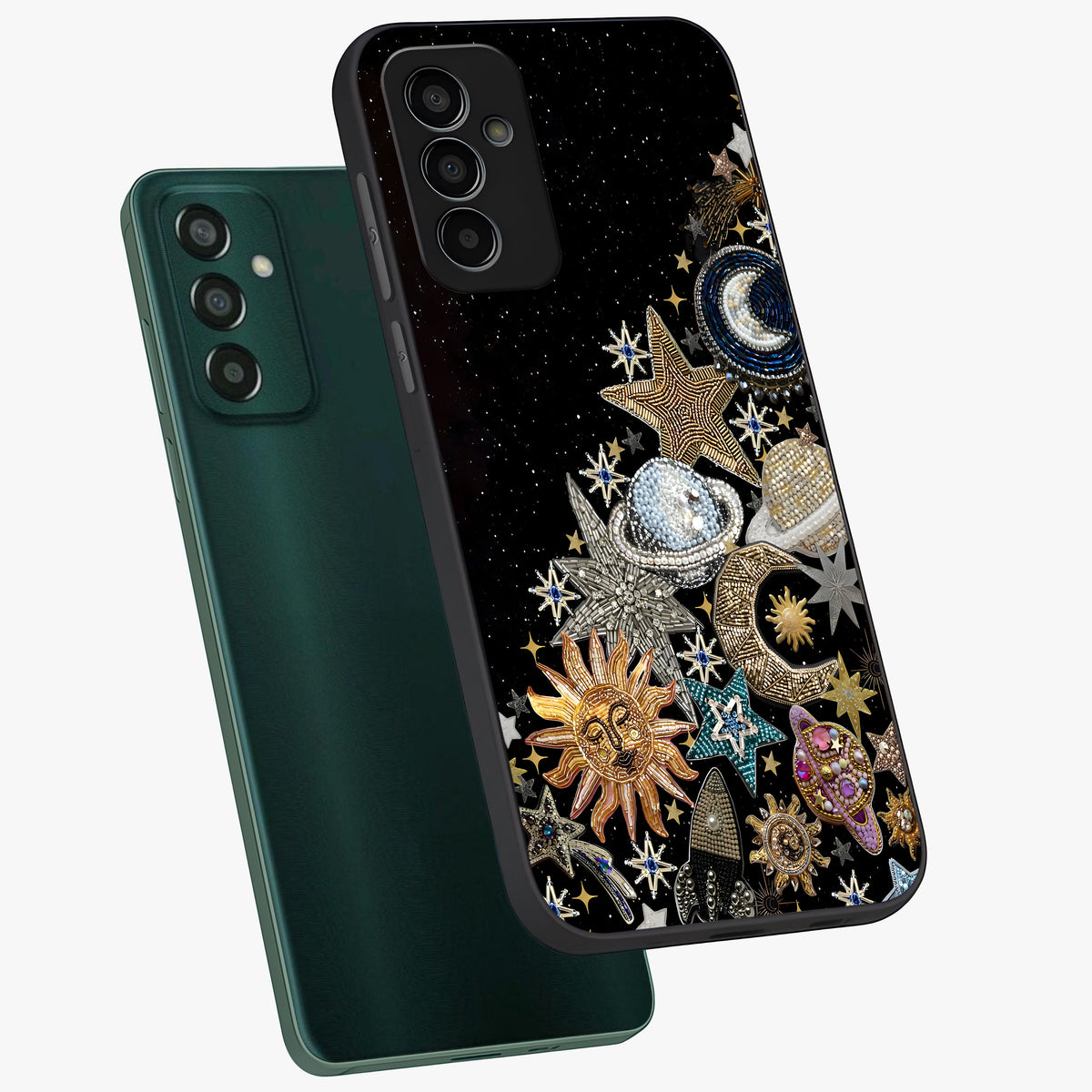 Cosmic Sparkle Dreams Glass Case displayed in angled mockup highlighting dreamy star sparkle design with celestial aesthetic.