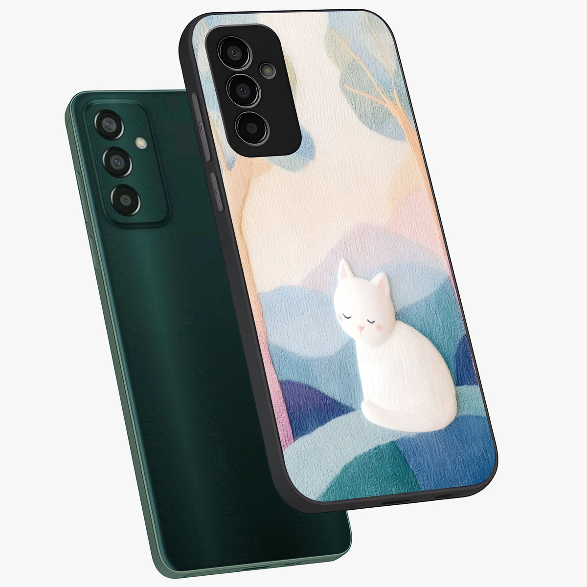 Cotton Dream Cat Glass Case displayed in angled mockup highlighting cute feline illustration with pastel aesthetic style.
