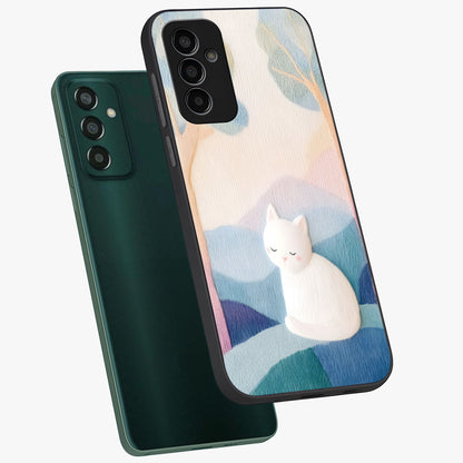 Cotton Dream Cat Glass Case displayed in angled mockup highlighting cute feline illustration with pastel aesthetic style.