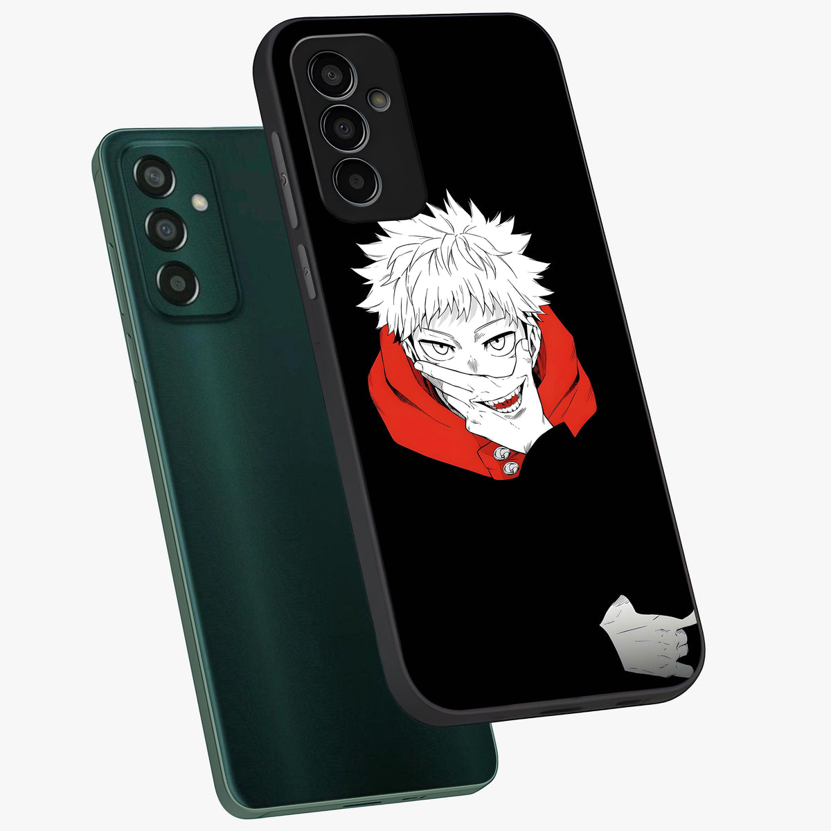 Crimson Chaos Smile Glass Case displayed in angled mockup highlighting edgy crimson smile design with graphic aesthetic.