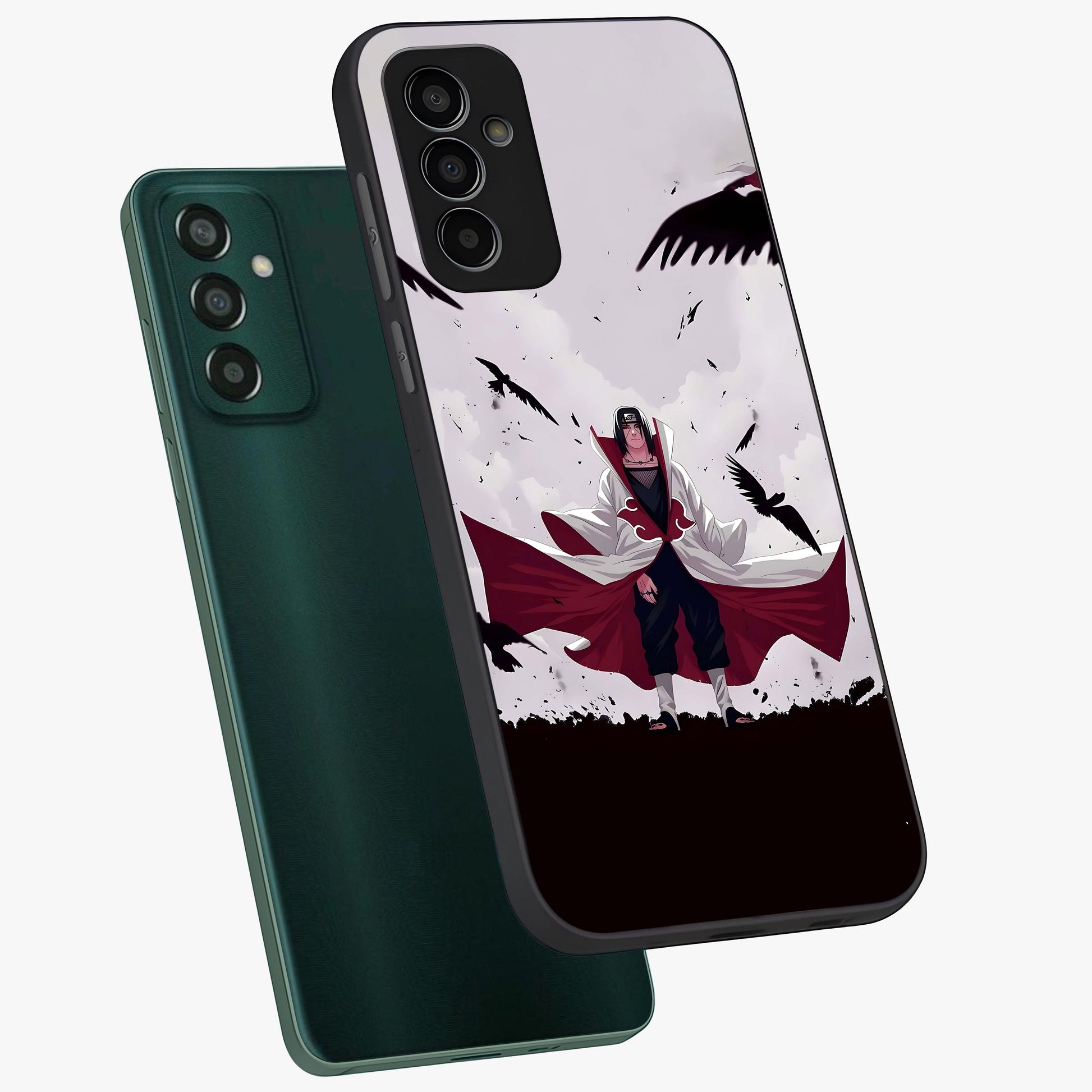 Crimson Crow Ascension Glass Case displayed in angled mockup highlighting powerful crow illustration with dark crimson aesthetic.