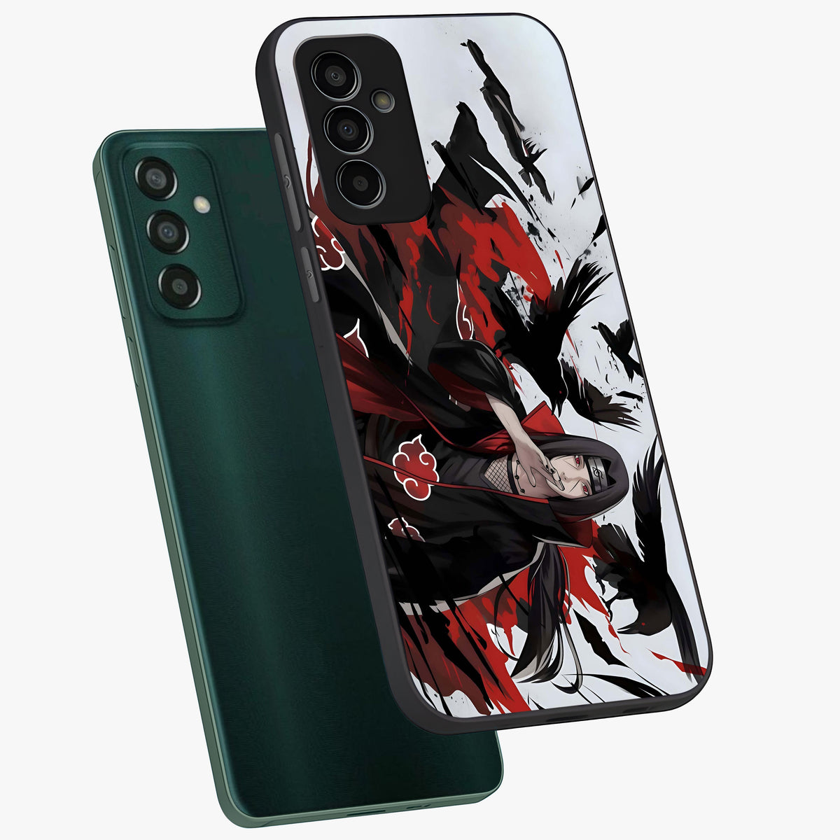 Crimson Crow Illusion Glass Case displayed in angled mockup highlighting mysterious crow graphic with dark aesthetic style.