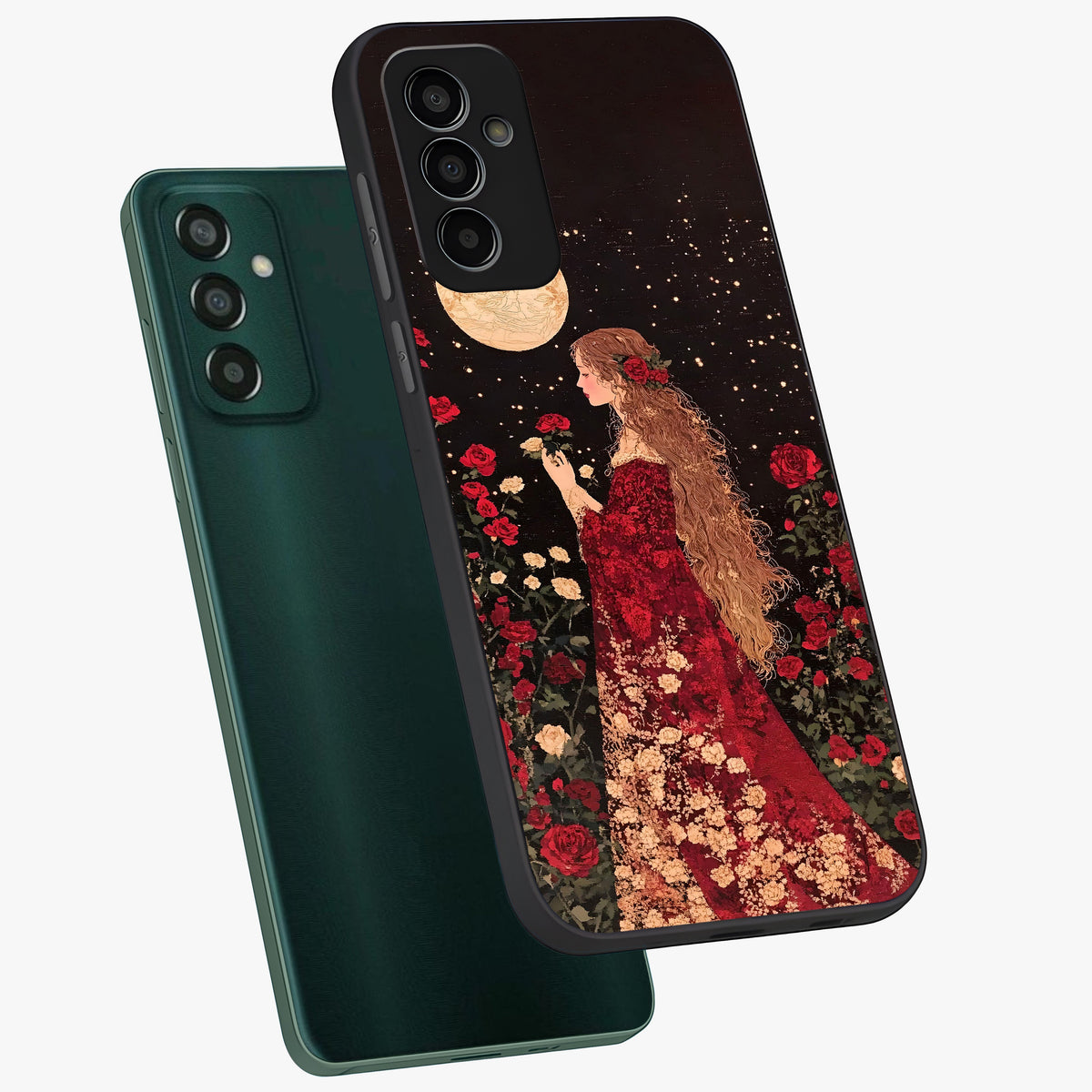 Crimson Dreams Glass Case displayed in angled mockup highlighting soft crimson aesthetic design with artistic theme.