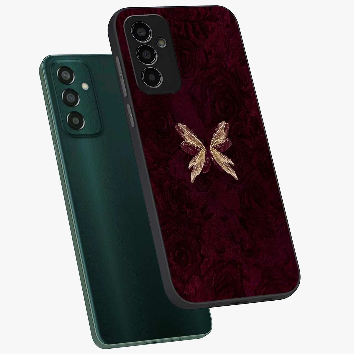 Crimson Fade Butterfly Glass Case displayed in angled mockup highlighting elegant butterfly design with crimson gradient aesthetic.