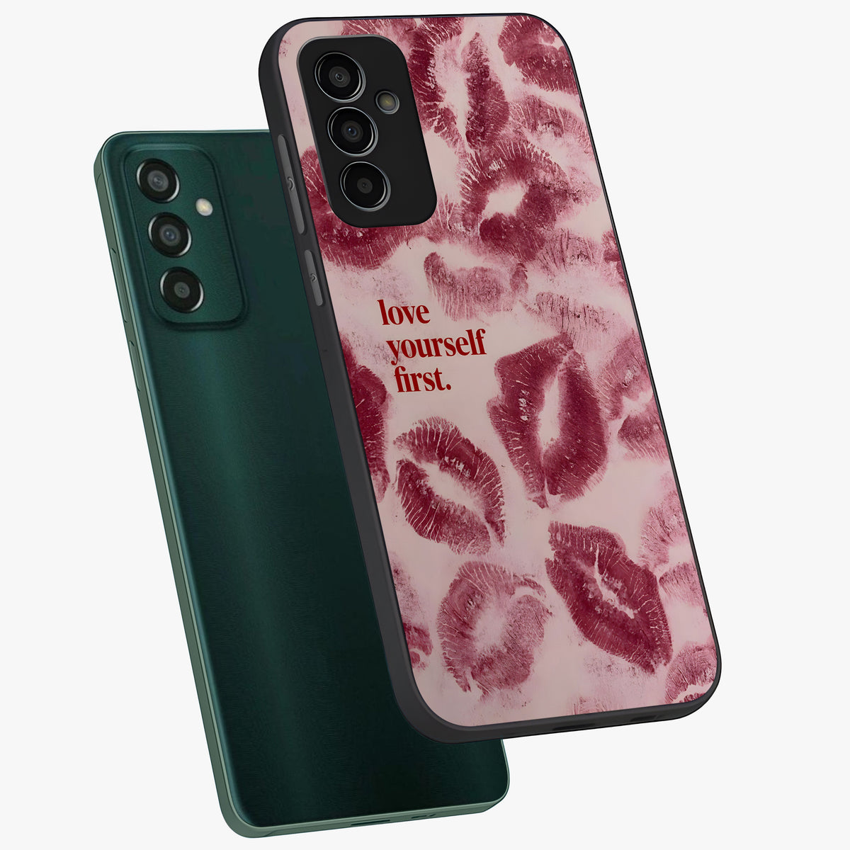 Crimson Kiss Love Glass Case displayed in angled mockup highlighting bold love inspired design with modern aesthetic style.