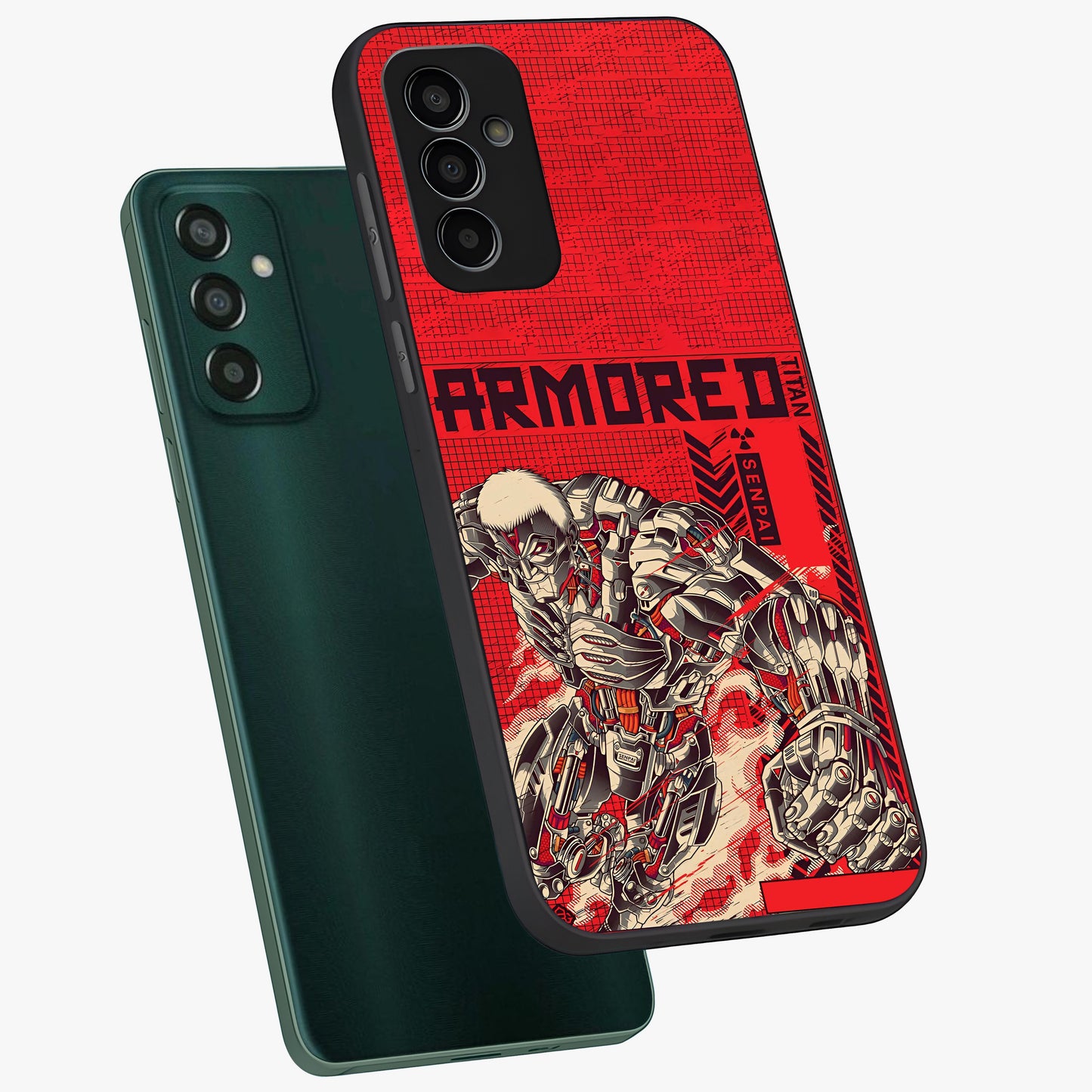 Crimson Mecha Titan Glass Case displayed in angled mockup highlighting futuristic mech illustration with bold crimson aesthetic.