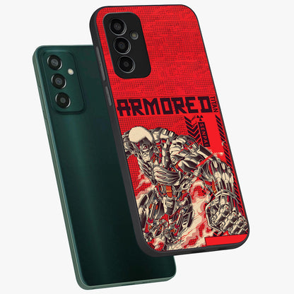 Crimson Mecha Titan Glass Case displayed in angled mockup highlighting futuristic mech illustration with bold crimson aesthetic.