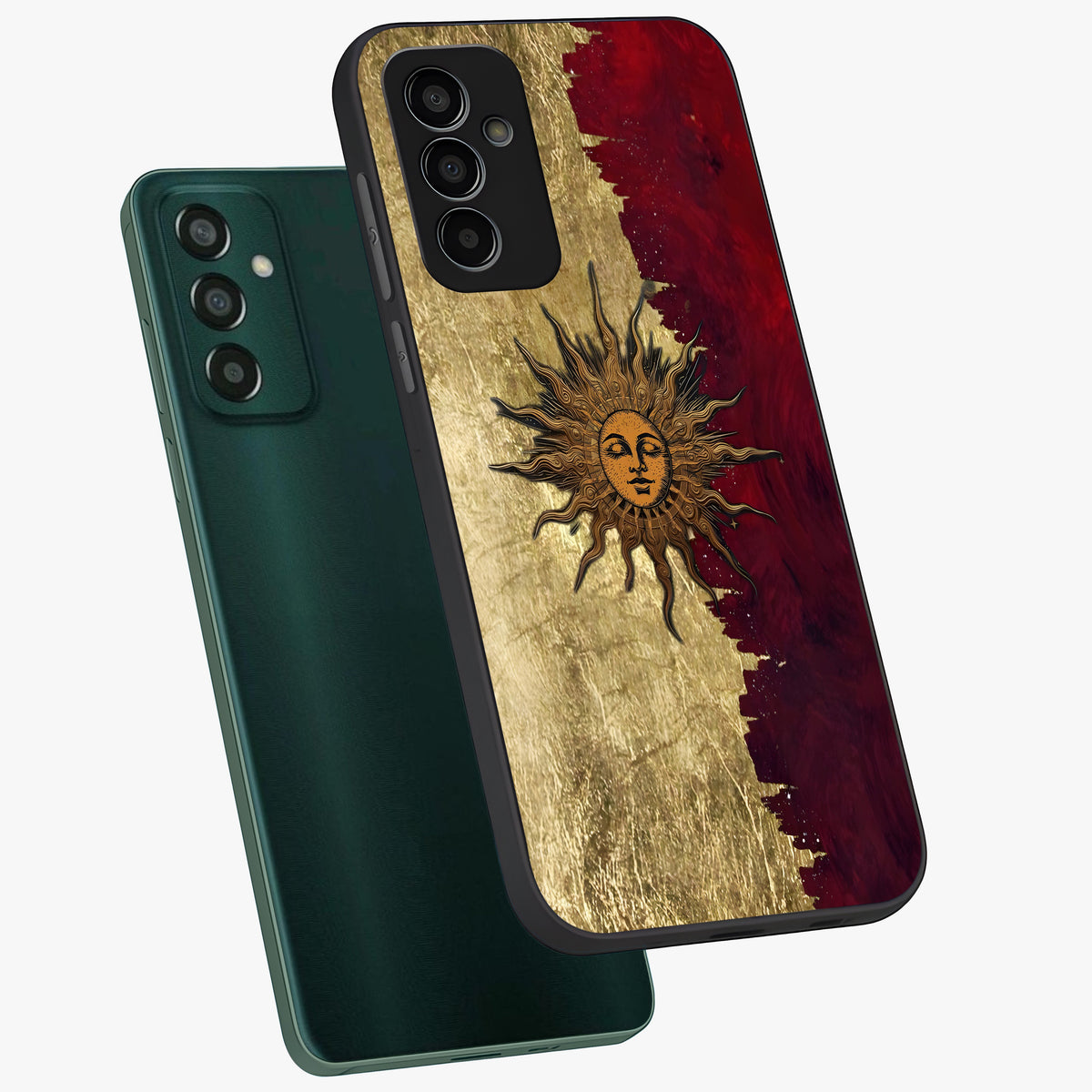 Crimson Sun Majesty Glass Case displayed in angled mockup highlighting majestic crimson sun design with bold aesthetic style.