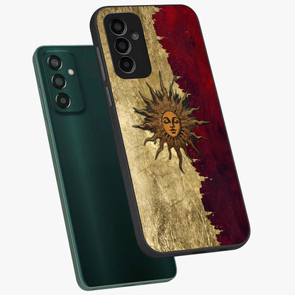 Crimson Sun Majesty Glass Case displayed in angled mockup highlighting majestic crimson sun design with bold aesthetic style.