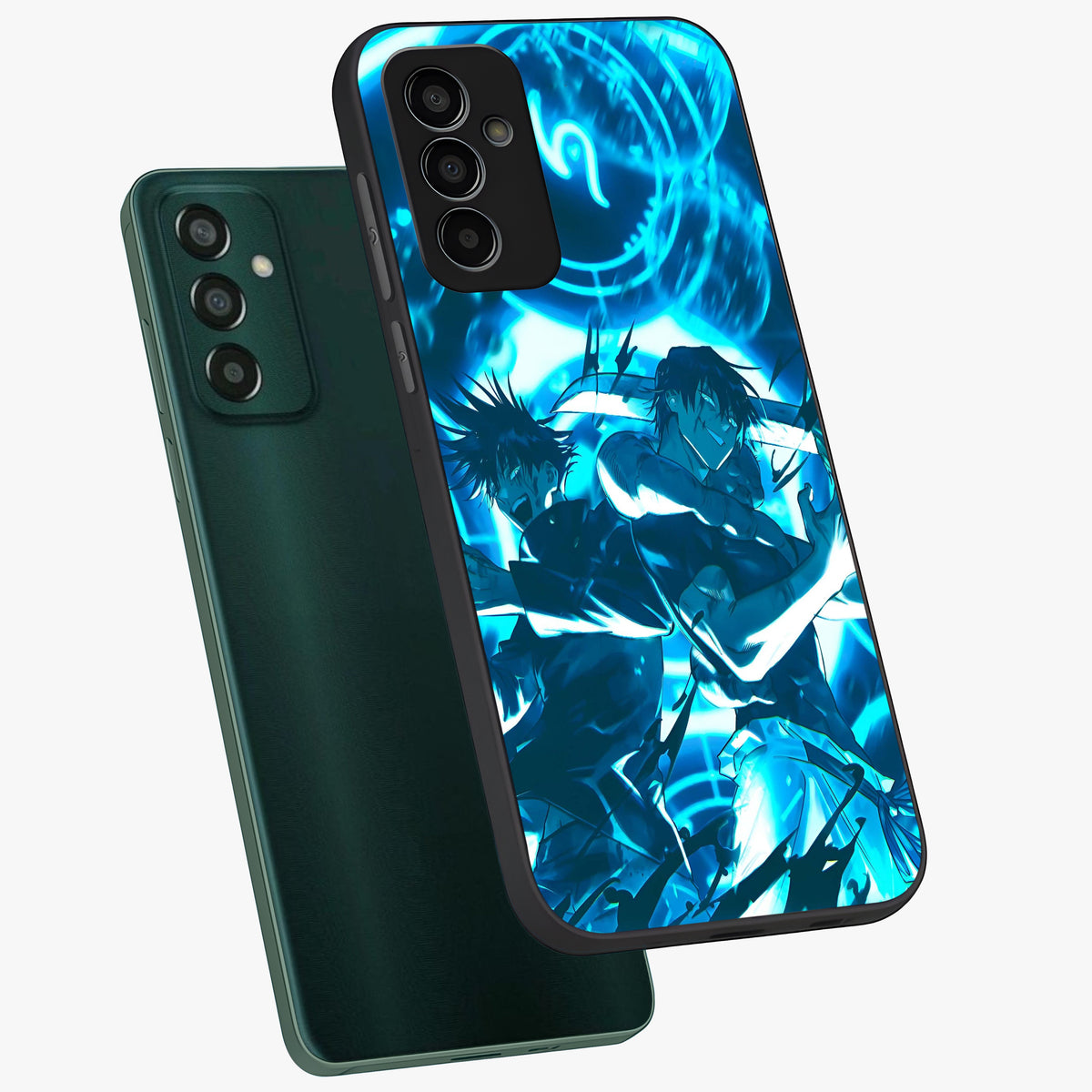 Cursed Energy Clash Glass Case displayed in angled mockup highlighting powerful battle inspired graphic with anime style aesthetic.