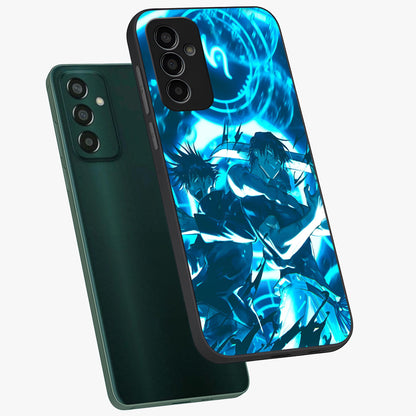 Cursed Energy Clash Glass Case displayed in angled mockup highlighting powerful battle inspired graphic with anime style aesthetic.