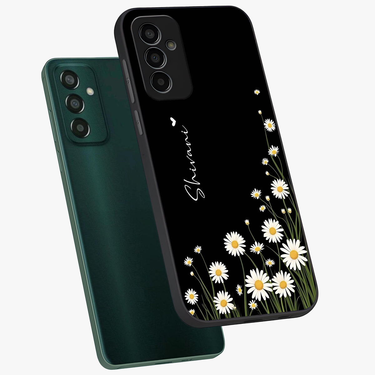 Daisy Cascade Custom Name Glass Case displayed in angled mockup highlighting delicate daisy artwork with custom name feature.