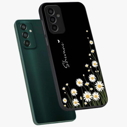 Daisy Cascade Custom Name Glass Case displayed in angled mockup highlighting delicate daisy artwork with custom name feature.