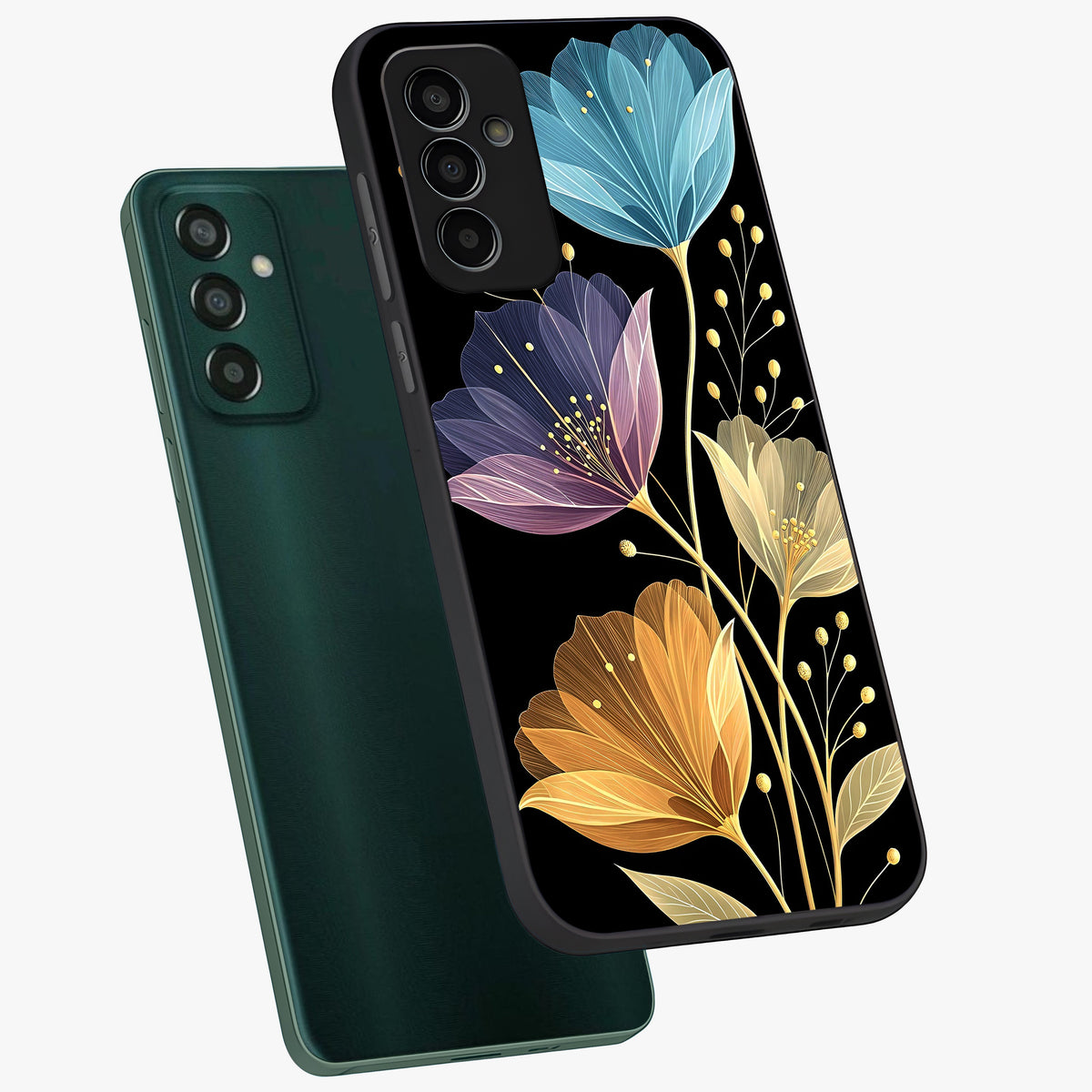 Delicate Multicolor Flowers Glass Case displayed in angled mockup highlighting colorful flower pattern with soft aesthetic style.