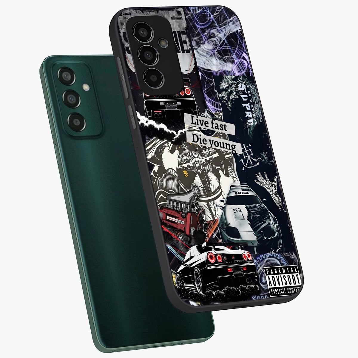 Die Young Glass Case displayed in angled mockup highlighting expressive graphic artwork with edgy aesthetic style.