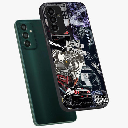 Die Young Glass Case displayed in angled mockup highlighting expressive graphic artwork with edgy aesthetic style.