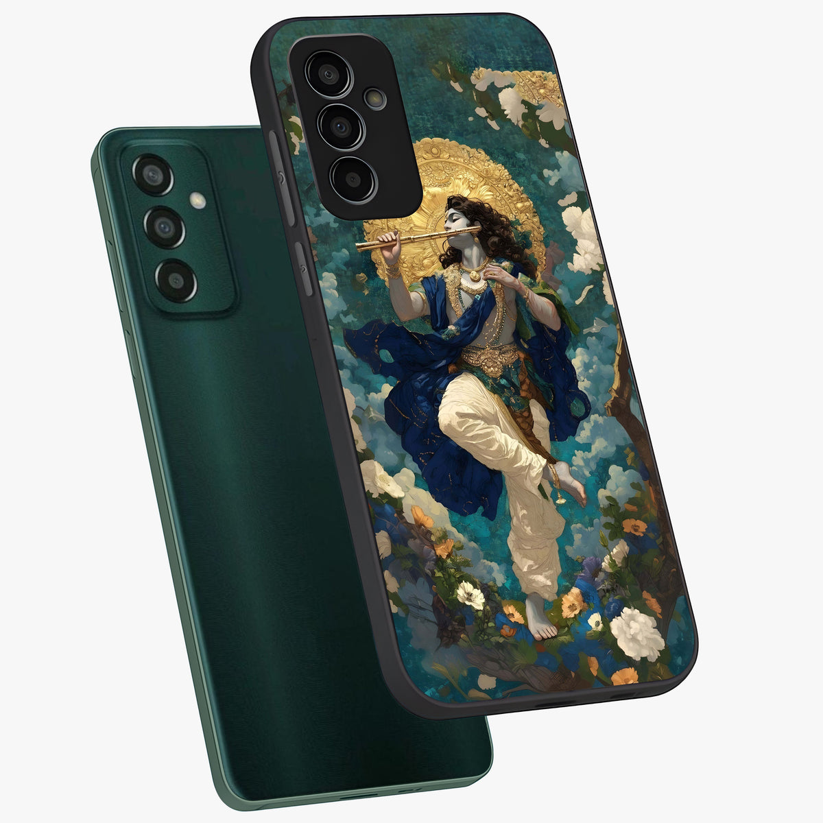 Divine Krishna Art Glass Case displayed in angled mockup highlighting spiritual Krishna illustration with devotional aesthetic.