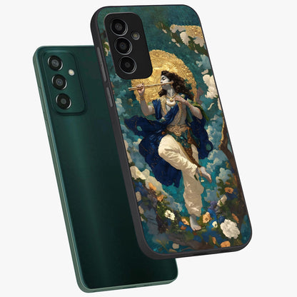 Divine Krishna Art Glass Case displayed in angled mockup highlighting spiritual Krishna illustration with devotional aesthetic.