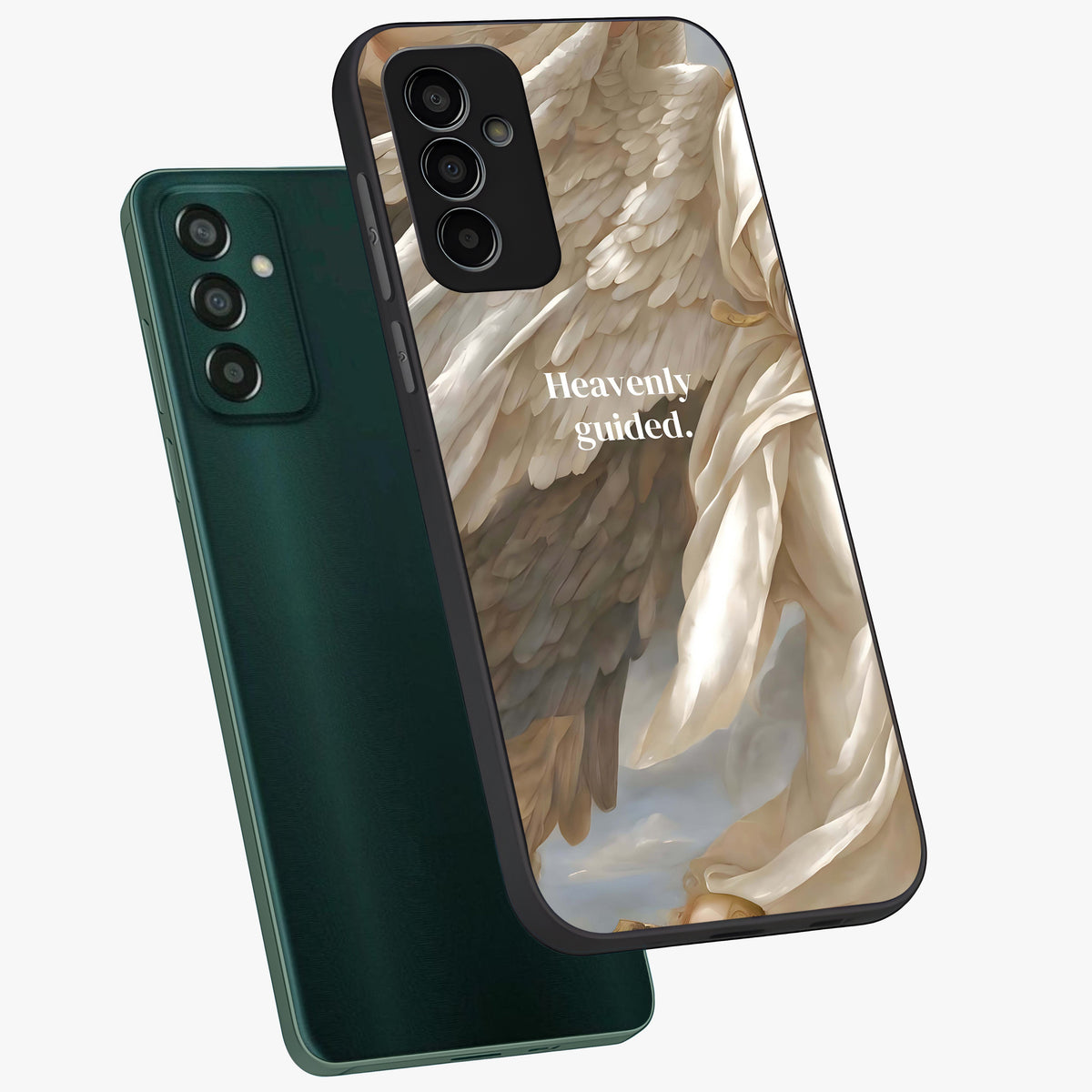 Divine Winged Grace Glass Case displayed in angled mockup highlighting graceful wing design with divine aesthetic style.