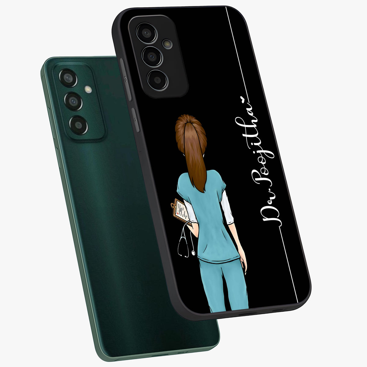 Doctor Pattern Custom Name Glass Case displayed in angled mockup highlighting doctor inspired artwork with custom name feature.