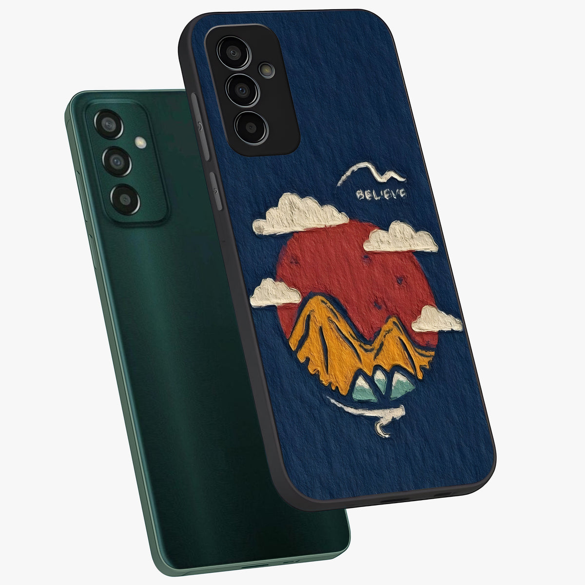 Dream Beyond Mountains Glass Case displayed in angled mockup highlighting dreamy mountain illustration with peaceful aesthetic.