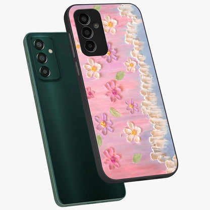 Dreamy Painted Garden Glass Case displayed in angled mockup highlighting colorful garden illustration with dreamy aesthetic style.