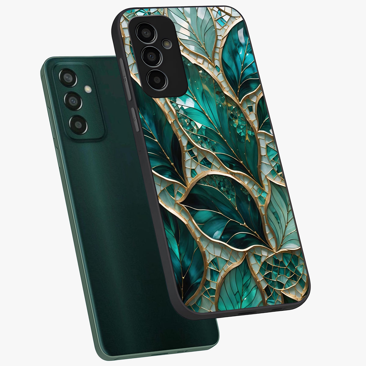 Emerald Leaf Glass Glass Case displayed in angled mockup highlighting botanical leaf illustration with elegant natural aesthetic.