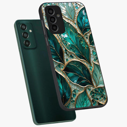 Emerald Leaf Glass Glass Case displayed in angled mockup highlighting botanical leaf illustration with elegant natural aesthetic.