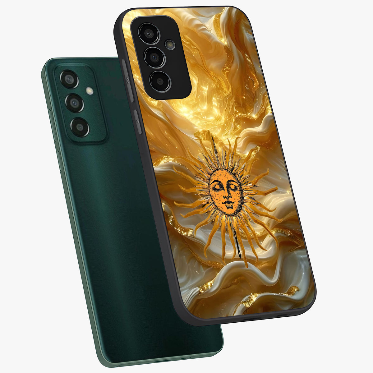 Eternal Golden Glow Glass Case displayed in angled mockup highlighting glowing golden aesthetic design with elegant style.