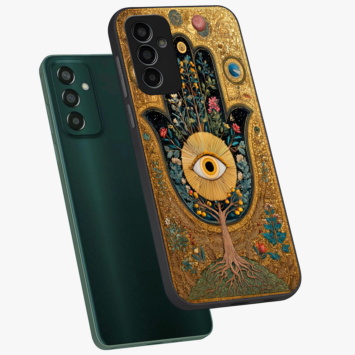 Ethereal Evil Eye Glass Case displayed in angled mockup highlighting protective evil eye symbol with spiritual aesthetic design.